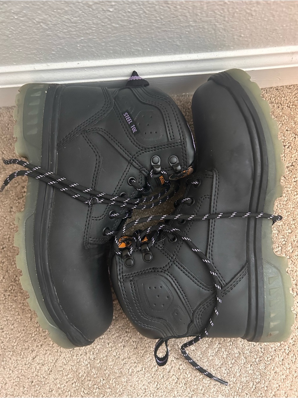 Brahma Black Steel Toe Work Boots with Translucent Green Outsoles